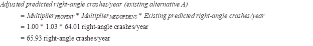 Figure 47. Equations. Adjusted predicted right-angle crashes/year (existing alternative A). Adjusted predicted right-angle crashes per year (existing alternative A) equals multiplier for PROPDIV times multiplier for MEDOPDENS times existing predicted right-angle crashes per year. Using the previously calculated values, this equals 1.00 times 1.03 times 64.01 right-angle crashes per year, which simplifies to 65.93 right-angle crashes per year.