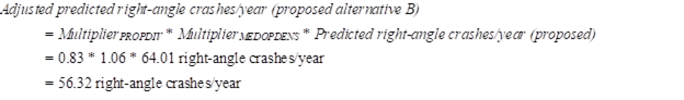 Figure 49. Equations. Adjusted predicted right-angle crashes/year (proposed alternative B). Adjusted predicted right-angle crashes per year (proposed alternative B) equals multiplier for PROPDIV times multiplier for MEDOPDENS times proposed predicted right-angle crashes per year. Using the previously calculated values, this equals 0.83 times 1.06 times 64.01 right-angle crashes per year, which simplifies to 56.32 right-angle crashes per year.