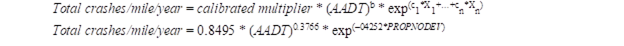 Figure 53. Equations. Minnesota crash prediction model. Total crashes per mile per year equals calibrated multiplier times AADT to the b power times exp to the open parenthesis c subscript 1 times X subscript 1 plus ellipsis plus c subscript n times X subscript n close parenthesis power. Using known values, total crashes per mile per year equals 0.8495 times AADT to the 0.3766 power times exp to the open parenthesis negative 0.4252 times PROPNODEV close parenthesis power.