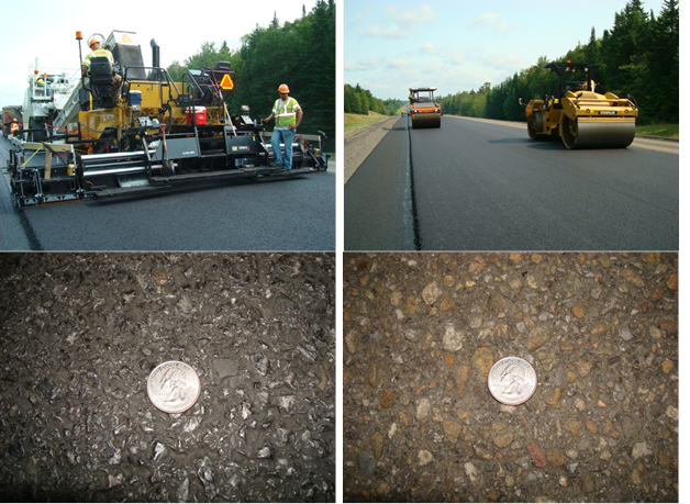 The top left photo shows asphalt  paving equipment in operation. The top right photo shows two rollers on a  stretch of asphalt pavement. The bottom left photo shows a new asphalt surface,  which is black and has a quarter shown for reference. The bottom right photo shows  an old asphalt surface, brown in color. The aggregates are various colors. A  quarter is shown for reference.