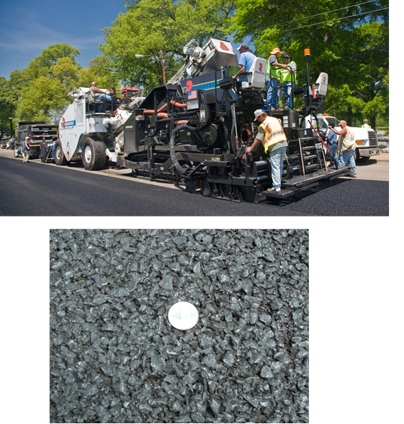 The top photo shows an asphalt paver and other paving  equipment, including a material transfer vehicle and dump truck immediately in  front of the paver. The bottom photo shows a coin on an asphalt pavement surface.  The pavement surface appears smoother than figure 6.