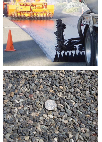 The top photo shows nozzles on the back of a truck spraying a black substance  onto the surface of a road. The bottom photo shows a quarter on a surface with  aggregates of various shapes and colors.