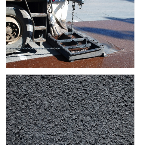 The top photo shows that the road surface is a shiny brown. A  truck drives across a mat placed on top of the brown surface. The truck is  dragging a horizontal frame along the surface. Bottom photo: black textured  road surface.