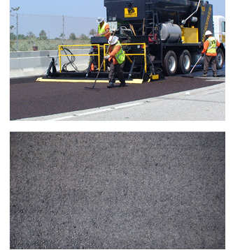 The top photo shows men with brooms working on a road  near a truck. The bottom photo shows a gray textured surface with a coin shown  for reference.
