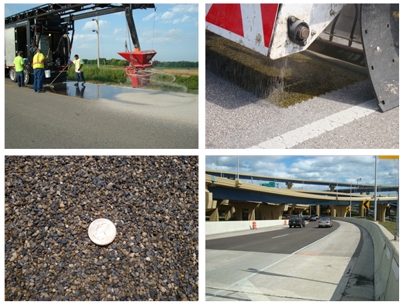 The top left  photo shows a red container hanging from the back of a truck broadcasting small  aggregates onto liquid that has been spread onto the pavement surface. Workers standing  between the back of the truck and the red container use squeegees to spread the  liquid onto the pavement surface, leaving a wet appearance. The top right photo  shows a film of translucent green-brown liquid being deposited on the pavement  surface just in front of a container that is dropping small aggregates onto the  film. The bottom left photo shows a pavement surface with small multicolored  aggregates. A quarter is shown for reference. The bottom right shows cars driving  on a finished two-lane interchange ramp. The shoulder and foreground pavement  are lighter in color than the travel lanes of the pavement.