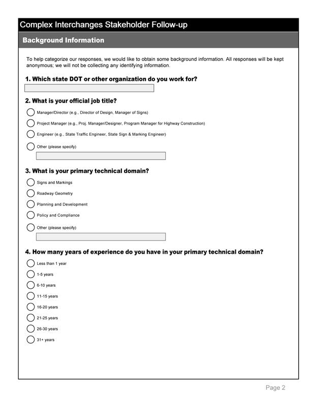 This photo shows the second page of the survey taken by stakeholders. This page is requesting background information from the stakeholder such as the State transportation department that the stakeholder works for and the stakeholder's job title, technical domain, and years of experience.