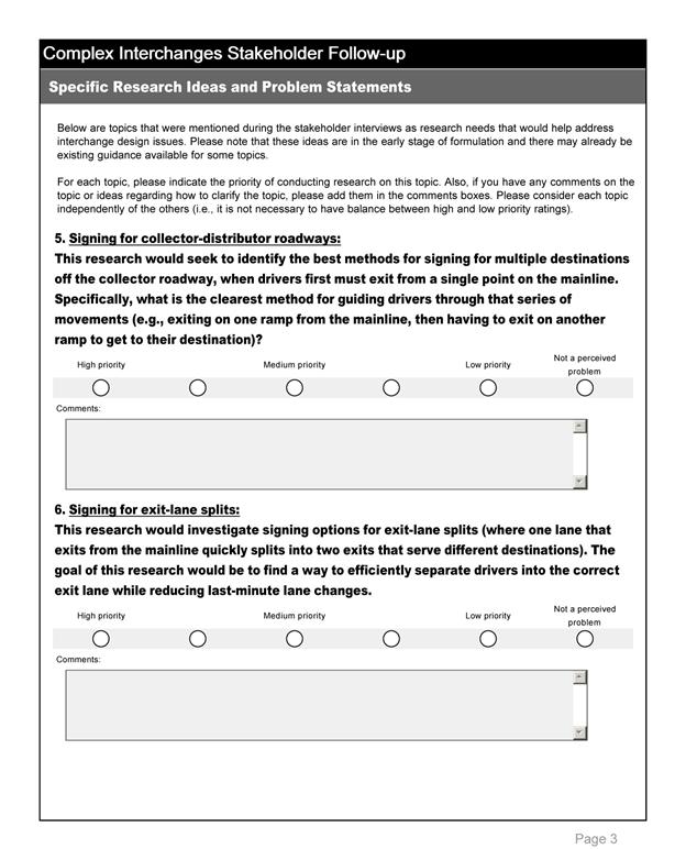 This photo shows the third page of the survey taken by stakeholders. The page requests specific research ideas from the stakeholder and asks the stakeholder to indicate the priority of conducting research on several different topics.