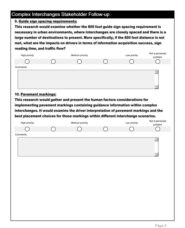 This photo shows the fifth page of the survey taken by stakeholders. This page is a continuation of the previous page's request for the stakeholder to indicate the priority of conducting research on several different topics.