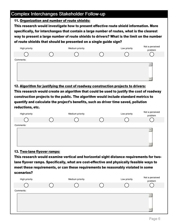 This photo shows the sixth page of the survey taken by stakeholders. This page is a continuation of the previous page's request for the stakeholder to indicate the priority of conducting research on several different topics.