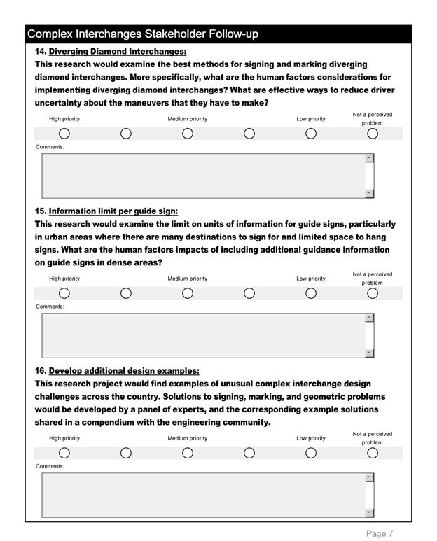 This photo shows the seventh page of the survey taken by stakeholders. This page is a continuation of the previous page's request for the stakeholder to indicate the priority of conducting research on several different topics.