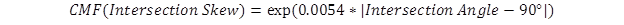 Figure 1. Equation. CMFunction for intersection skew angle. The exponential function of 0.0054 multiplied by absolute value of the intersection angle minus 90 degrees.