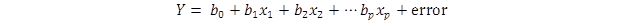 Figure 4. Equation. Classic linear regression model. The equation consists of the linear regression equation for ordinary least squares regression. The response variable Y equals an additive relationship between the mean parameter estimates b and the predictor variables X. Y equals b subscript zero plus b subscript 1 multiplied by X subscript 1 plus b subscript 2 multiplied by X subscript 2 to b subscript p multiplied by X subscript p plus the error.