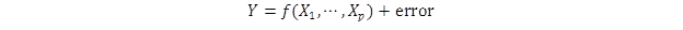 Figure 5. Equation. Nonparametric regression model. This equation shows that the mean of Y is equal the function of predictor variables X subscript 1 to X subscript p, without an identified functional form, plus the error.