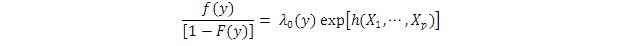 Figure 6. Equation. Nonparametric regression model with a generalization of the hazard function.  The equation shows the Cox proportional hazards function defined as the density function f(y) divided by 1 minus the cumulative distribution function of Y, F(y). This equals the baseline hazard function lambda subscript 0 of y multiplied by the exponential function of h of X subscript 1 to X subscript p where the h function has no form.