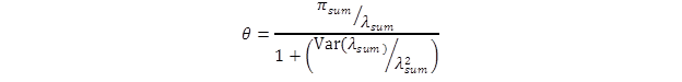 Figure 10. Equation. CMF estimate using the EB approach. This equation shows that the CMF estimate, theta, is equal to the count of crashes observed during the after period in a group, pi subscript sum, divided by the sum of the expected number of crashes that would have occurred in the after period without the strategy, lambda subscript sum, divided by 1 plus, open parentheses, the variance of lambda subscript sum divided by lambda subscript sum squared, close parentheses.