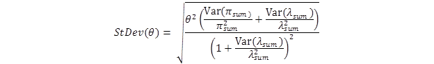 Figure 11. Equation. Standard deviation of the CMF estimate using the EB approach.  This equation shows that the standard deviation of the CMF estimate, theta, is equal to the square root of the following: in the numerator, theta squared multiplied by, open parentheses, the variance of the count of crashes observed during the after period in a group, pi subscript sum, divided by pi subscript sum squared plus the variance of the sum of the expected number of crashes that would have occurred in the after period without the strategy, lambda subscript sum, divided by lambda subscript sum squared; close parentheses. In the denominator, open parentheses, 1 plus the variance of lambda subscript sum divided by lambda subscript sum squared, close parentheses, squared.