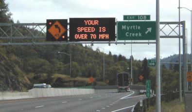 Figure 4. Photo. Dynamic curve warning system (DCWS). This photo features a curve speed warning message provided using a variable message sign. The text on the variable sign reads, “Your Speed is Over 70 MPH.”