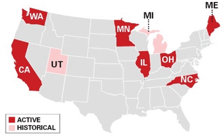 Figure 1. Illustration. HSIS States. This illustration features a map of the 48 contiguous States. All of the States are gray except for California, Washington State, Minnesota, Illinois, Ohio, North Carolina, and Maine (which are red) and Utah and Michigan (which are light pink). There is a key at the bottom of the map that indicates that the red states are active participants in the Highway Safety Information System, and the light pink states are historical participants.