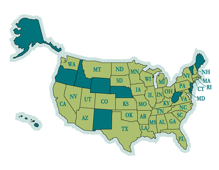 Figure 2. Illustration. ELCSI-PFS participants. This illustration features a map of all 50 States, indicating the 38 States participating in ELCIS-PFS. The participating States are all labeled with their two-letter postal abbreviations and colored light green. The following 12 non-participating States are not labeled and are colored dark green: Alaska, Hawaii, Oregon, Idaho, Wyoming, New Mexico, Nebraska, West Virginia, Delaware, New Jersey, Vermont, and Maine.