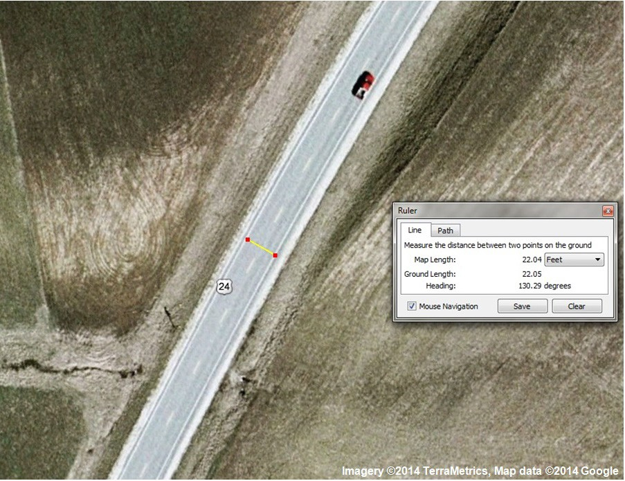 Figure 129. Photo. Measurement of cross-section features in Google Earthâ„¢. This figure is a screenshot illustrating the measurement of cross-section features in Google Earthâ„¢. 