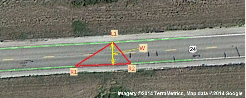 Figure 130. Photo. Conceptual illustration of calculating lane width. This figure is a screenshot illustrating the concept of calculating lane width in Google Earthâ„¢. 