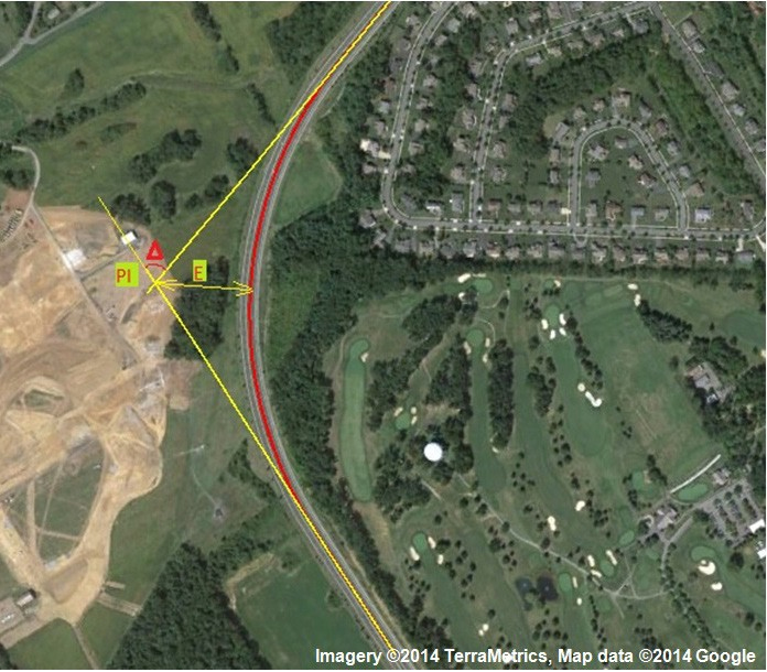 Figure 132. Photo. Screenshot of estimating deflection angles in Google Earthâ„¢. This figure is a screenshot illustrating the concept of estimating deflection angles in Google Earthâ„¢. 