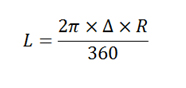 Figure 135. Equation. Length of the curve. L equals 2 times pi times delta times R divided by 360.