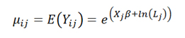 Figure 136. Equation. Expected number of crashes of type i on segment j. Mu subscript ij equals E open parenthesis, Y subscript ij, close parenthesis. Mu subscript ij equals E open parenthesis, Y subscript ij, close parenthesis equals e to the power of open parenthesis, X subscript j times beta plus natural logarithm of L subscript j, close parenthesis.