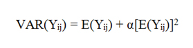 Figure 137. Equation. Variance of crashes of type i on segment j. VAR open parenthesis, Y subscript ij, close parenthesis. VAR open parenthesis, Y subscript ij, close parenthesis equals E open parenthesis, Y subscript ij, close parenthesis plus alpha times square of, open brackets, E open parenthesis, Y subscript ij, close parenthesis, close brackets.