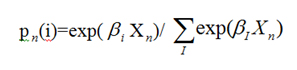 Figure 138. Equation. Probability of accident n with severity i. p subscript n open parenthesis, i, close parenthesis. p subscript n open parenthesis, i, close parenthesis equals exponent open parenthesis, beta subscript i times X subscript n, close parenthesis divided by sigma exponent open parenthesis, beta subscript i times X subscript n, close parenthesis.  