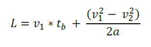 Figure 148. Equation. Decreasing velocity linear equation. L equals v subscript 1 times t subscript b, end of product, plus difference of squares of v subscript 1 and v subscript 2, end of difference, divided by the product of 2 and a.