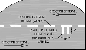 Figure 152. Illustration. Peripheral design variation, Mohave County, AZ. This figure shows an illustration of the optical speed bars peripheral design variation as implemented by Mohave County Public Works, AZ. In this design, two 24- by 8-inch bars, spaced 8 inches apart, were placed perpendicular to the centerline.