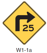 Figure 171. Photo. Combination horizontal alignment/advisory sign. This figure shows an example of a combination horizontal alignment/advisory sign. A sign containing both a curve or turn ahead and advisory speed is installed prior to a horizontal curve.