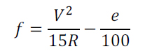 Figure 32. Equation. Side friction demand. f equals V squared divided by the product of 15 and R, end of quotient, minus the quotient of e divided by 100.