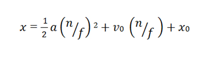 Figure 60. Equation. Individual placement of the OSBs. x equals the sum of the following three terms: one-half a times square of ratio of n divided by f, v subscript 0 times n divided by f, and x subscript 0.