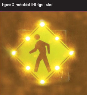 Figure 3. Photo. Embedded LED sign tested. This photo is a close-up of a pedestrian crossing sign with embedded light-emitting diodes that are on.