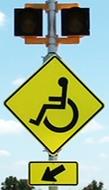 Figure 24. Photo. C-A12, lap B study assembly. A Handicapped sign assembly with a set of 12-inch circular beacons above the W11-9 sign and the W16-7P arrow plaque. Figure 24. Photo. C-A12, lap B study assembly. A Handicapped sign assembly with a set of 12-inch circular beacons above the W11-9 sign and the W16-7P arrow plaque.