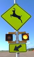 Figure 27. Photo. C-B8, lap A study assembly. A Deer Crossing sign assembly with a set of 8‑inch circular beacons between the W11-3 sign and the W16-7P arrow plaque.