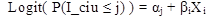 Figure 68. Equation. Basic form of the Cumulative Logit model. The equation states that the Logit function of the probability of I_ciu being greater than or equal to j equals the quantity alpha sub j plus beta sub i times X sub i.