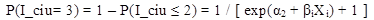 Figure 69. Equation. Probability of unbearable brightness. The equation states that the probability of I_ciu being equal to 3 equals 1 minus the probability of I_ciu being equal to or less than 2, which equals 1 over the quantity of e raised to the power of (alpha sub 2 plus beta sub i times X sub i) plus 1. Figure 69. Equation. Probability of unbearable brightness. The equation states that the probability of I_ciu being equal to 3 equals 1 minus the probability of I_ciu being equal to or less than 2, which equals 1 over the quantity of e raised to the power of (alpha sub 2 plus beta sub i times X sub i) plus 1.