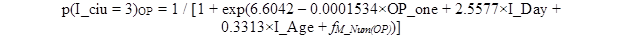 Figure 71. Equation. Probability of unbearable discomfort glare based on optical power. The equation states that the probability of the participant indicating the light level is unbearable with optical power as the measure of brightness is equal to 1 over the quantity of 1 plus e raised to the quantity (6.6042 minus 0.0001534 times OP_one plus 2.5577 times I_Day plus  0.3313 times I_Age plus <em>f<sub>M_Num(OP)</sub></em>).