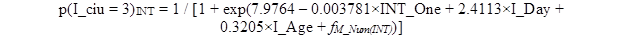 Figure 72. Equation. Probability of unbearable discomfort glare based on intensity. The equation states that the probability of the participant indicating the light level is unbearable with 95th percentile intensity as the measure of brightness is equal to 1 over the quantity of 1 plus e raised to the quantity (7.9764 minus 0.003781 times INT_one plus 2.4113 times I_Day plus 0.3205 times I_Age plus <em>f<sub>M_Num(INT)</sub></em>).