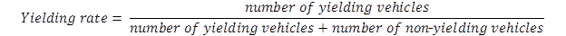 Figure 88. Equation. Yielding rate for a single crossing, and average yielding rate for a site. The equation states that the yielding rate equals the number of yielding vehicles divided by the quantity of the number of yielding vehicles times the number of non-yielding vehicles.