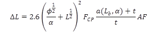 Figure 6. Equation. Luminance difference threshold. Delta luminance equals the product of five terms: the first is 2.6; the second is, begin brackets, the square root of phi divided by alpha, end division, plus the square root of luminance, end brackets, squared; the third is F subscript cp; the fourth is the dividend of alpha as a function of background luminance and alpha plus t, and t; and the fifth is AF.