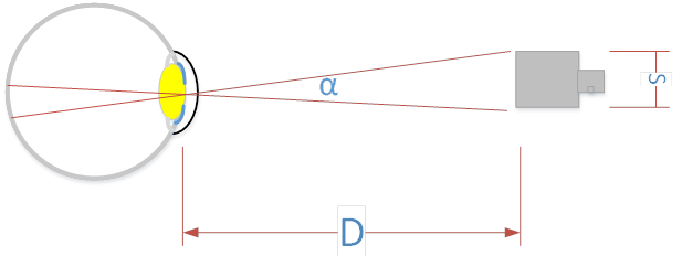 Figure 9. Diagram. Variables for calculating visual angle. This is a diagram of the human eye looking at a small target. The distance from the front of the eye to the target is D. S is the height of the target between top and bottom edges. The rays from the top of the target to the back of the retina and from the bottom of the target to the back of the retina cross at the lens of the eye and form visual angle alpha.