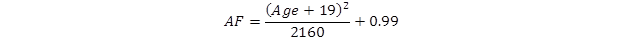 Figure 13. Equation. Age factor calculation for younger age group. For ages 23 to 64, the age factor, AF, is equal to age minus 19 squared, end subtraction, divided by 2,160, all plus 0.99.