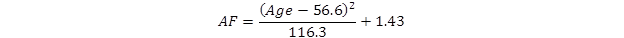 Figure 14. Equation. Age factor calculation for older age group. For ages 64 to 75, AF is equal to age less 56.6 squared, end subtraction, divided by 116.3, all plus 1.43.