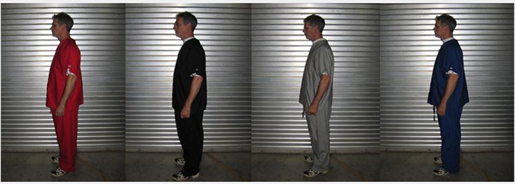 Figure 29. Photo. Clothing colors on confederate pedestrian. The figure shows four photos of the same man wearing four different colors of medical scrubs. From left to right, the scrubs’ colors are red, black, gray, and blue.