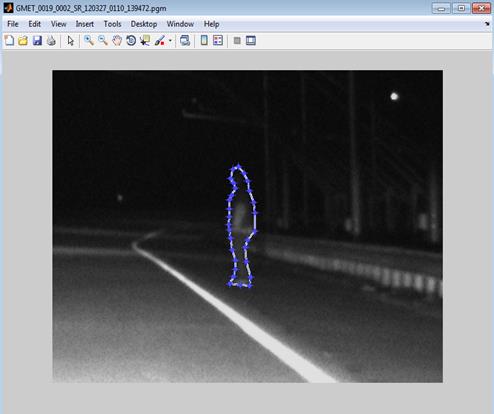Figure 34. Screenshot. Luminance analysis software. This image inside a software window shows a pedestrian standing on the right shoulder of the Smart Road. The pedestrian is outlined in the window by a bright line.