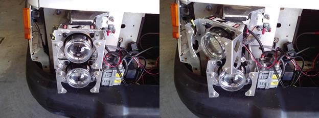 Figure 58. Photo. MPI system with straight (left) and swiveling (right) headlamp. This figure shows two photos that illustrate the passenger-side headlamps of a vehicle. The two lamps are mounted vertically. The left-hand photo shows both headlamps aiming straight forward. The right-hand photo shows the upper headlamp aimed away from the vehicle centerline.